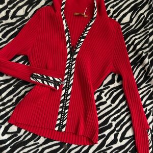 Vibrant Red Ribbed Knit Cardigan with Zebra Trim